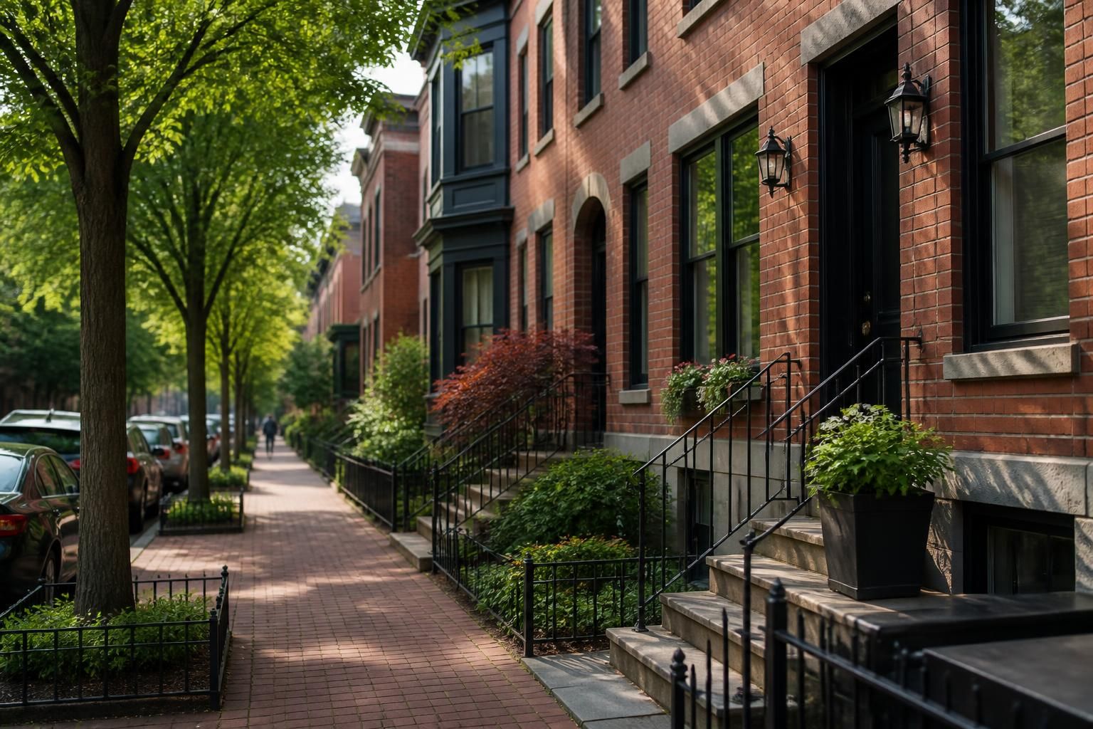 Tree-lined neighborhood street with modern brick homes
