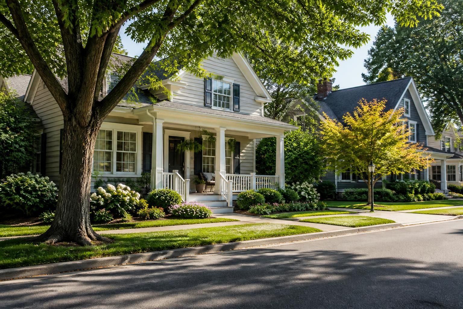 Well-kept suburban homes along a calm tree-lined street