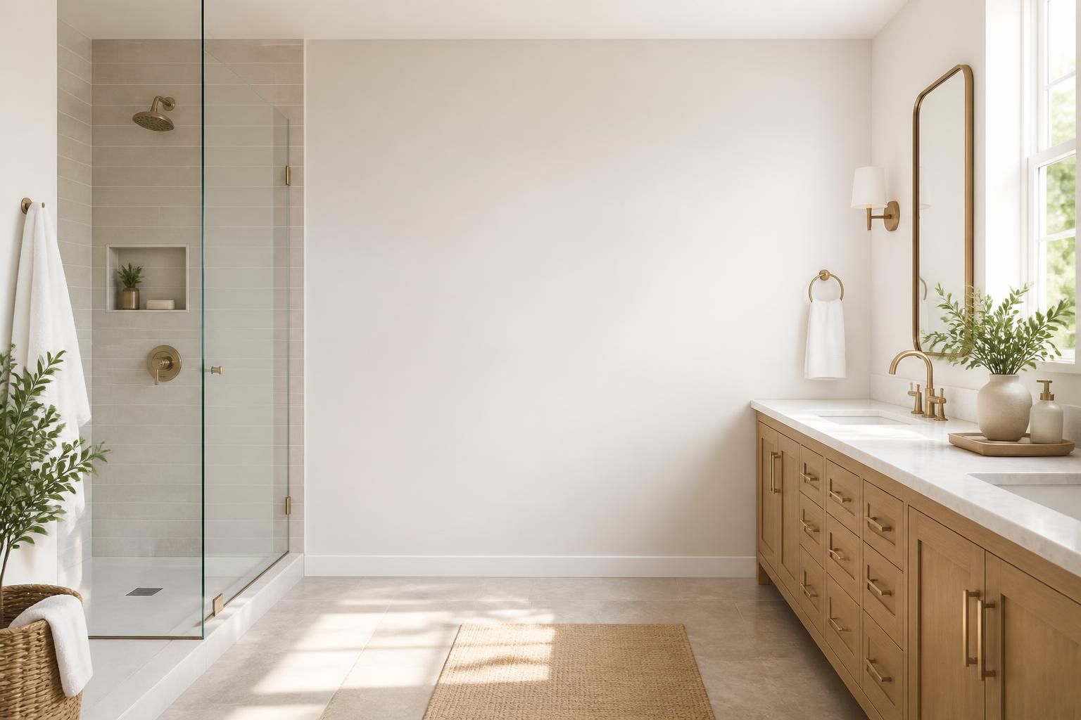 Bright finished bathroom with polished fixtures and open space
