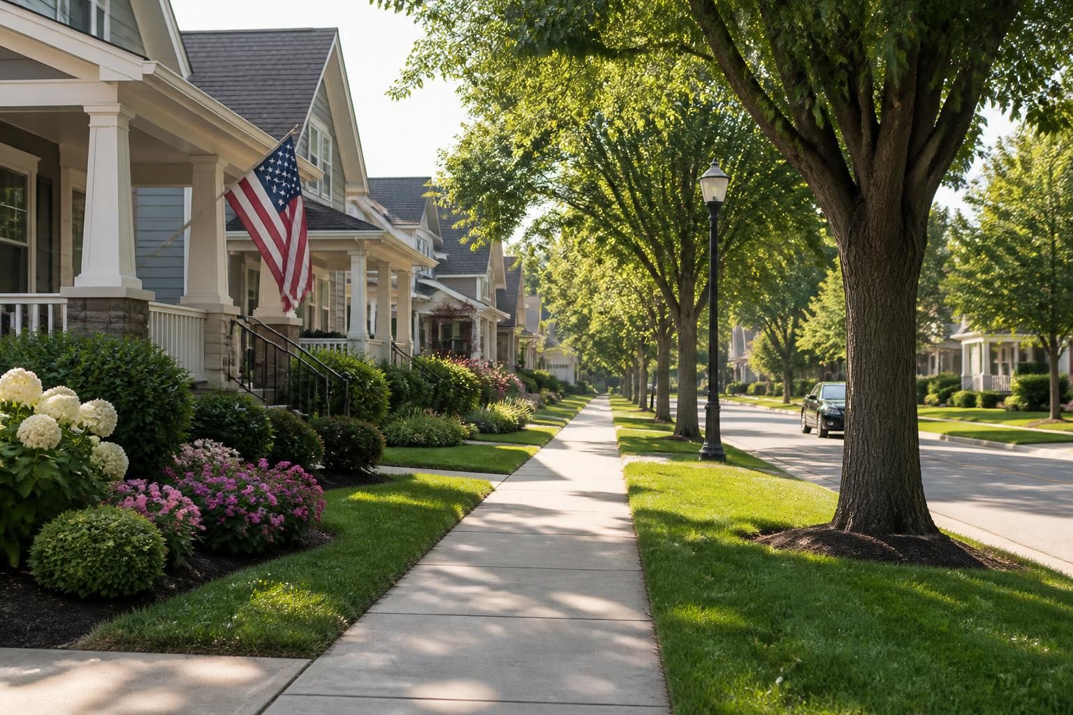 Peaceful residential street with attractive homes and sidewalks