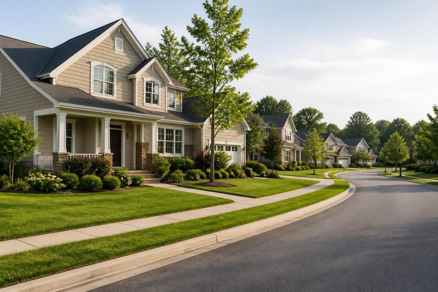 Neatly maintained suburban houses with green lawns