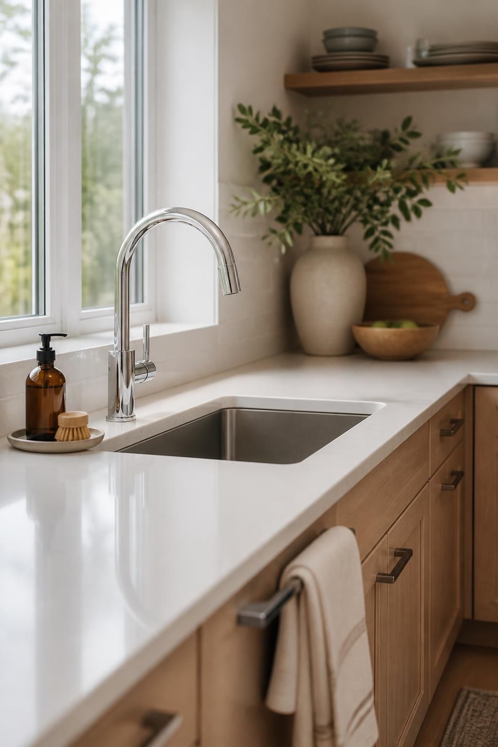 Modern kitchen with a finished sink and chrome fixtures