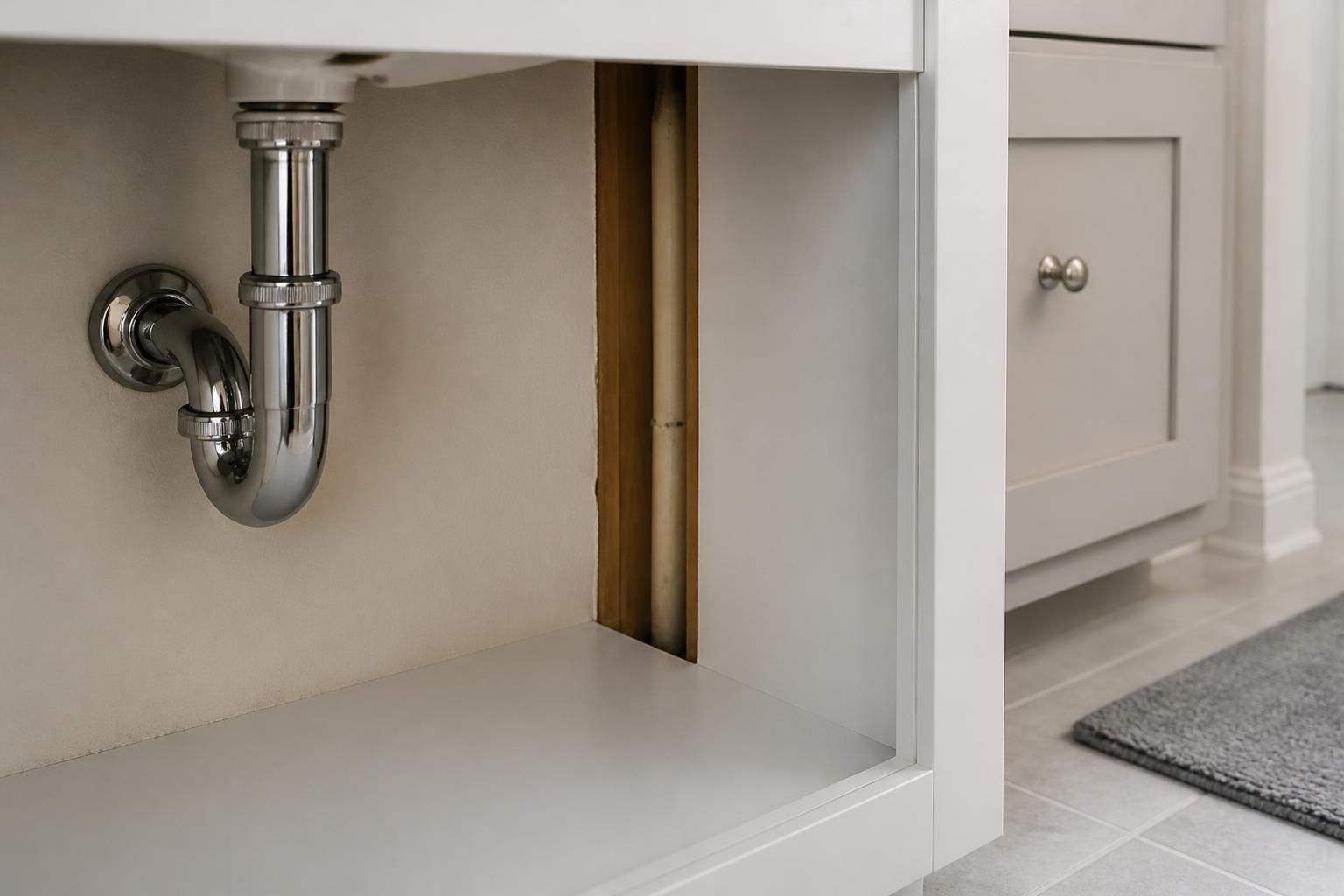 Clean bathroom area with a subtle pipe section for leak inspection