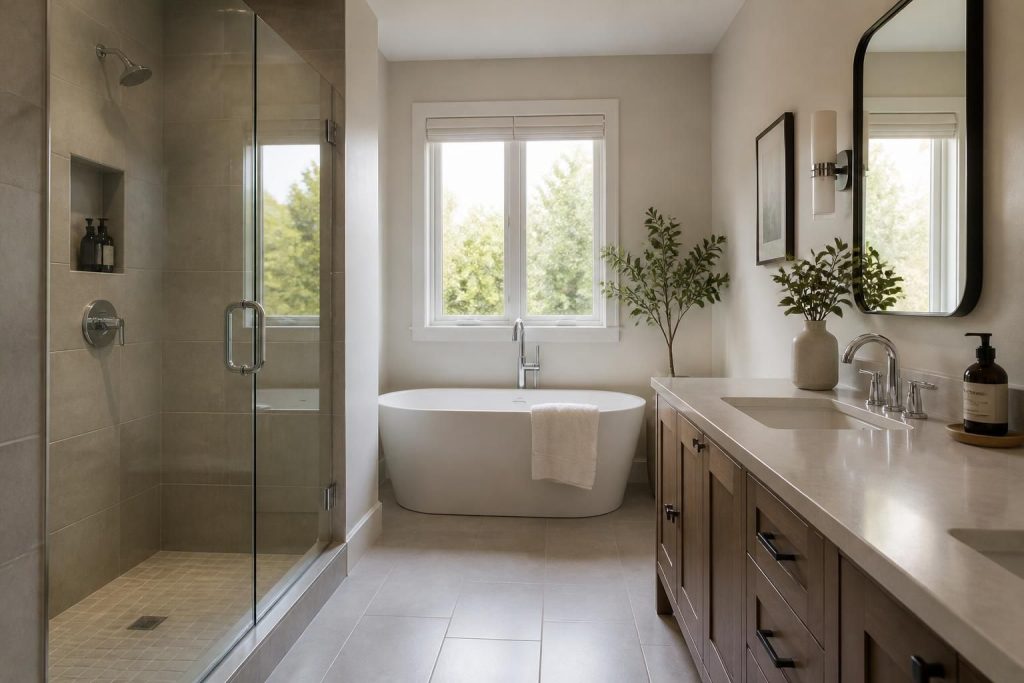 Modern bathroom with polished fixtures and clean neutral finishes
