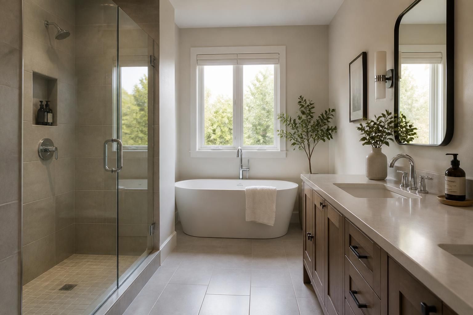 Modern bathroom with polished fixtures and clean neutral finishes